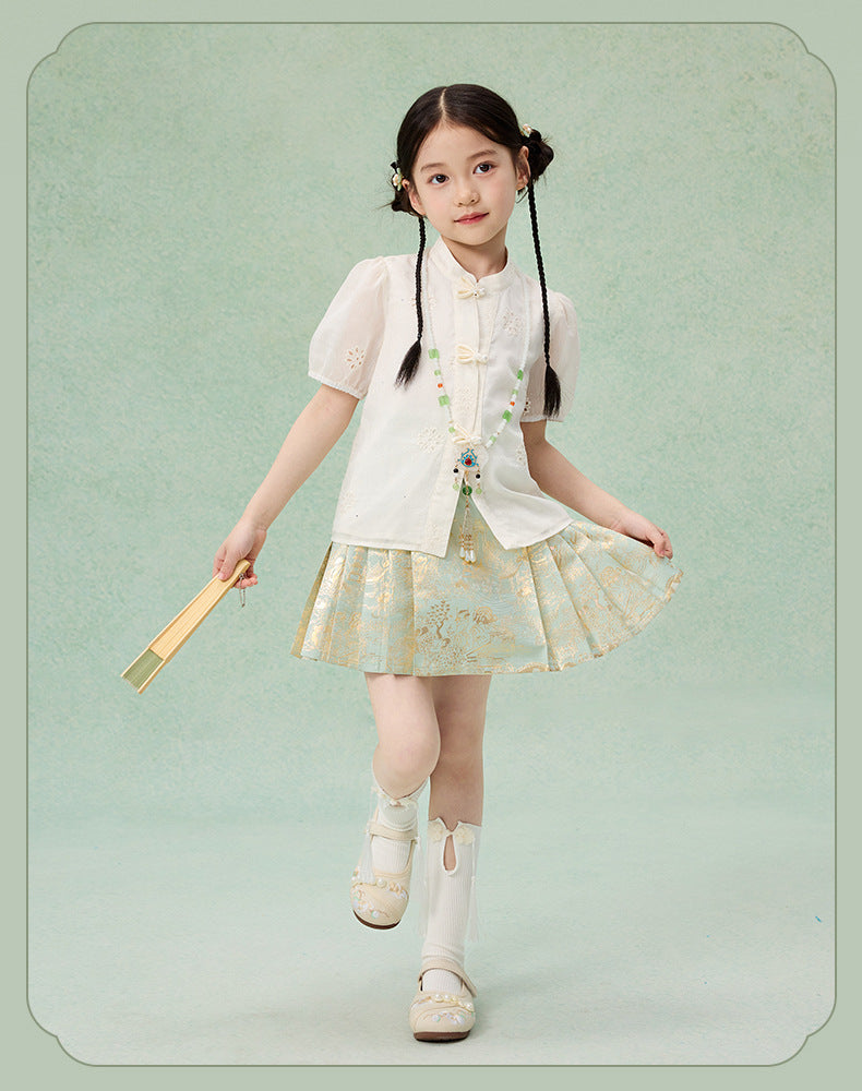 Girls Summer Hanfu Set — Short Sleeve Shirt & Mamian Skirt Two-Piece
