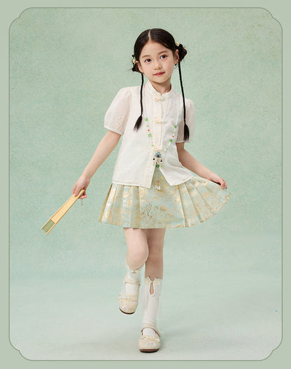Girls Summer Hanfu Set — Short Sleeve Shirt & Mamian Skirt Two-Piece