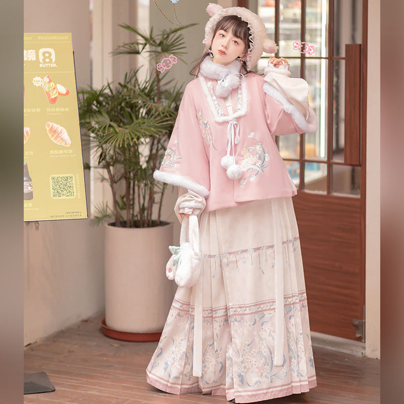 Trees of Sea Women Ming Hanfu Set: Fleece Lined Embroidered Collared Jacket & Horse Face Skirt New Year Outfit