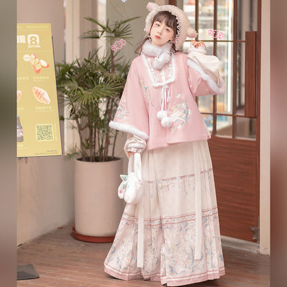 Trees of Sea Women Ming Hanfu Set: Fleece Lined Embroidered Collared Jacket & Horse Face Skirt New Year Outfit