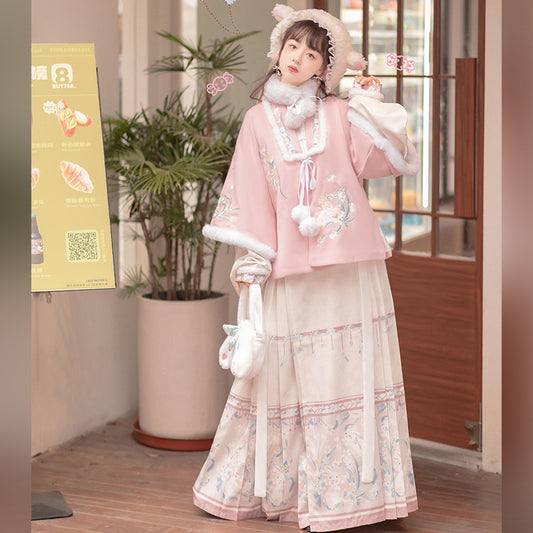 Trees of Sea Women Ming Hanfu Set: Fleece Lined Embroidered Collared Jacket & Horse Face Skirt New Year Outfit
