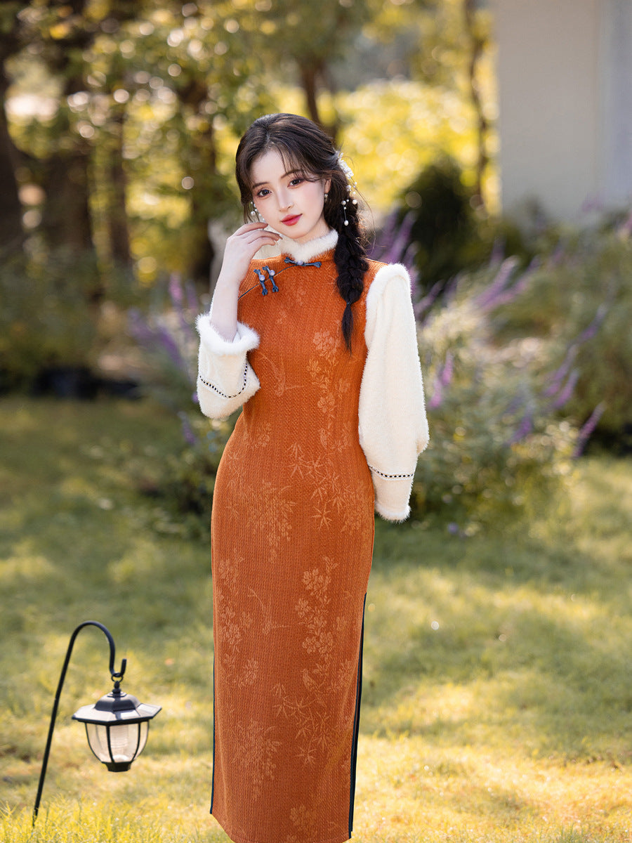 2025 Winter Chenille Fleece Long Cheongsam Patchwork New Chinese Style