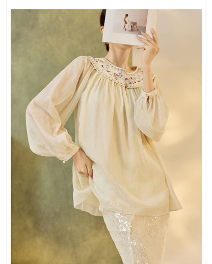 New Chinese Style Embroidered Mesh Shirt | Autumn Light Luxury Elegant Top