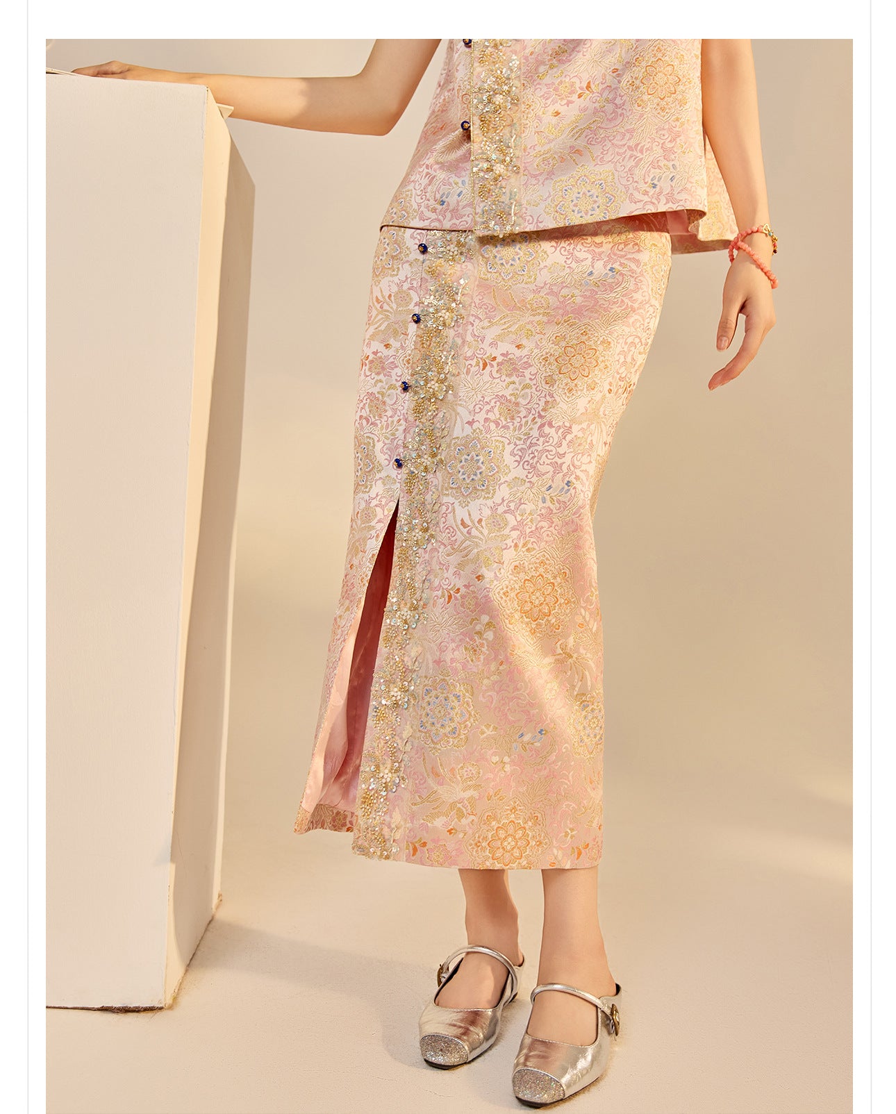 Elegant Beaded Asymmetrical Vest & High Waist Skirt Set