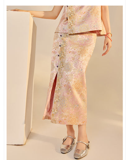 Elegant Beaded Asymmetrical Vest & High Waist Skirt Set