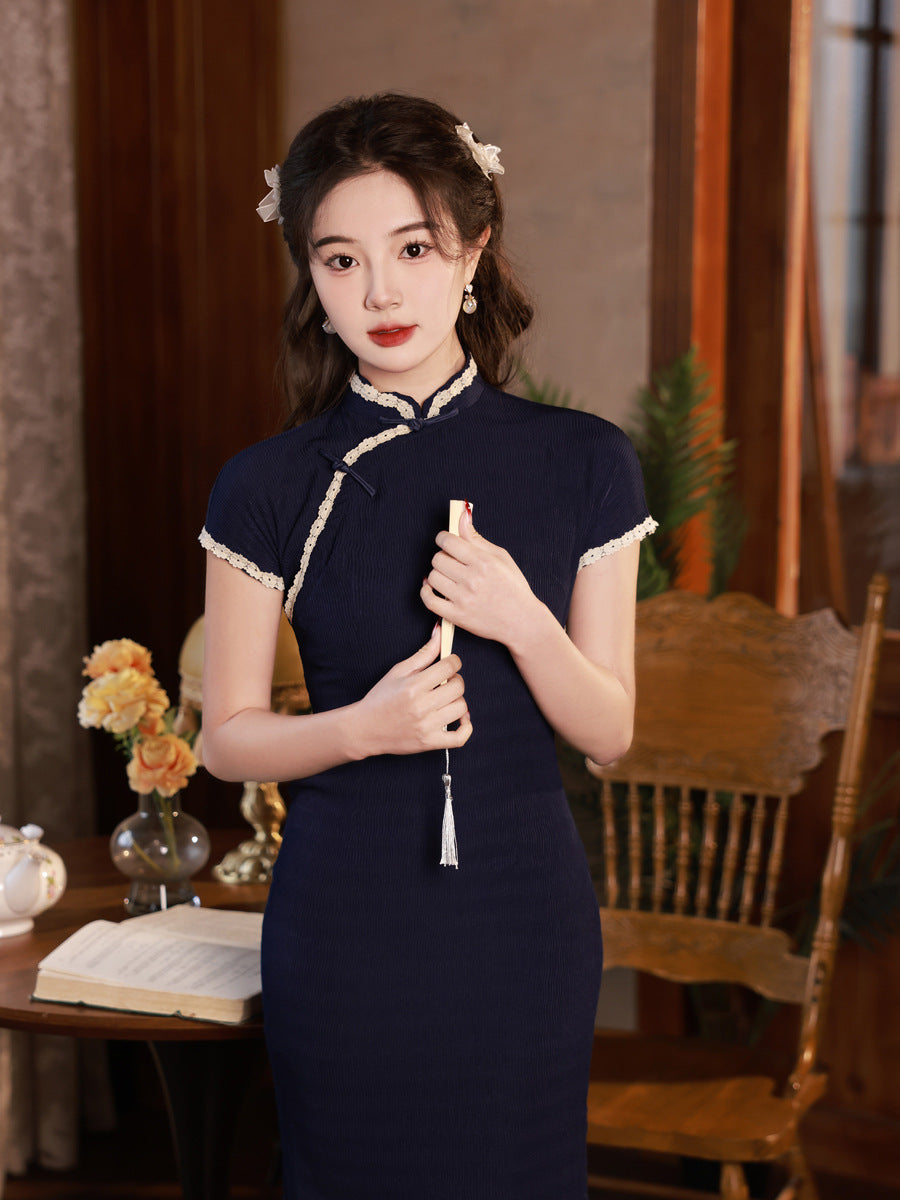 Navy Blue Old Shanghai Cheongsam – Mid-Length Summer Dress