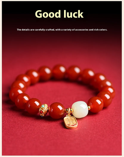 Natural Red Agate & Obsidian Bracelet — Lucky Protection Charm for Zodiac Year