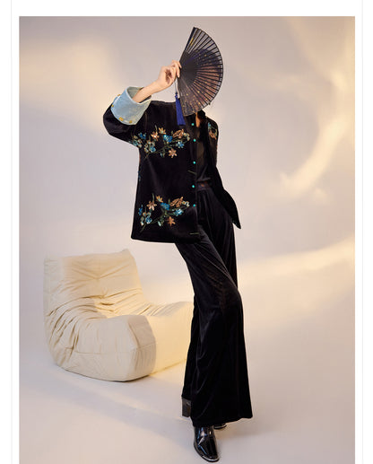 Elegant New Chinese Satin Floral Sequin Loose Black Top