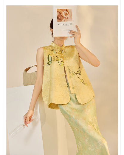 High-End Embroidery Stand Collar Vest & Jacquard Mermaid Skirt