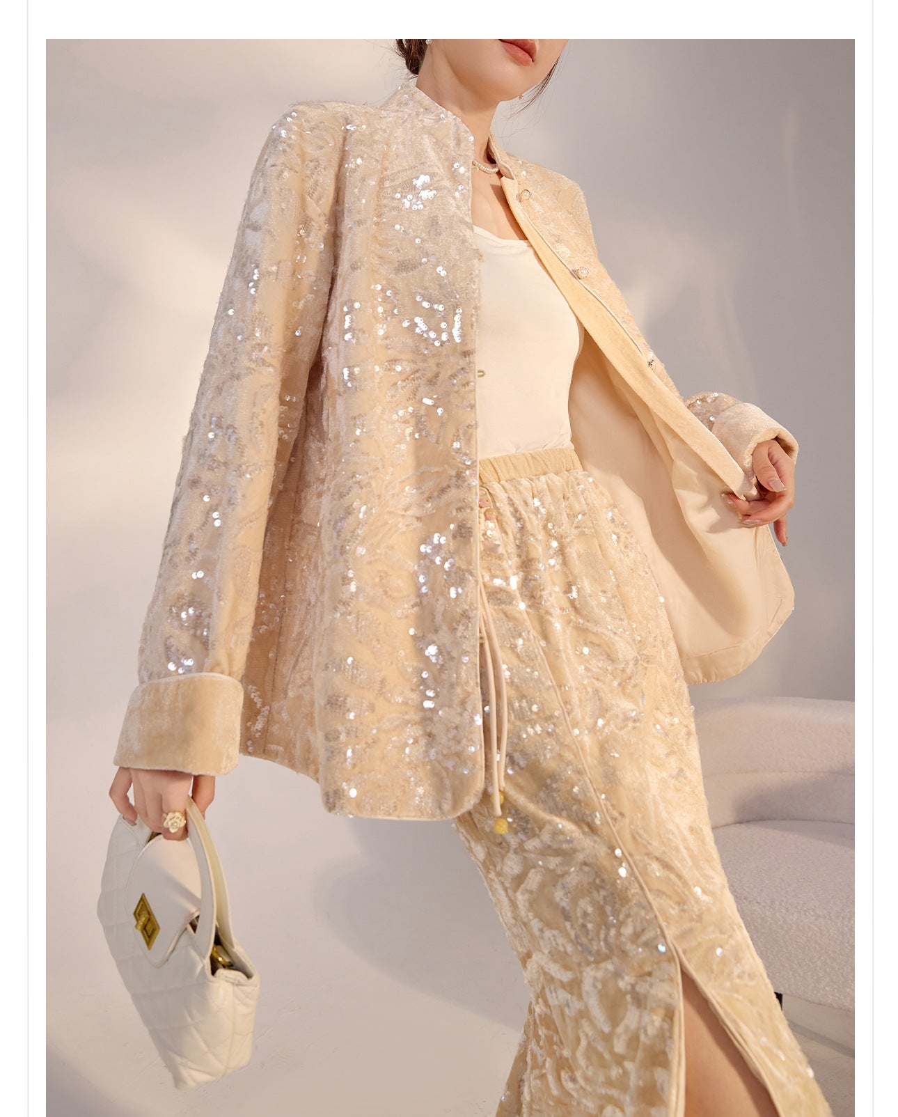 New Chinese Satin Floral Sequin Button Light Luxury Loose Coat