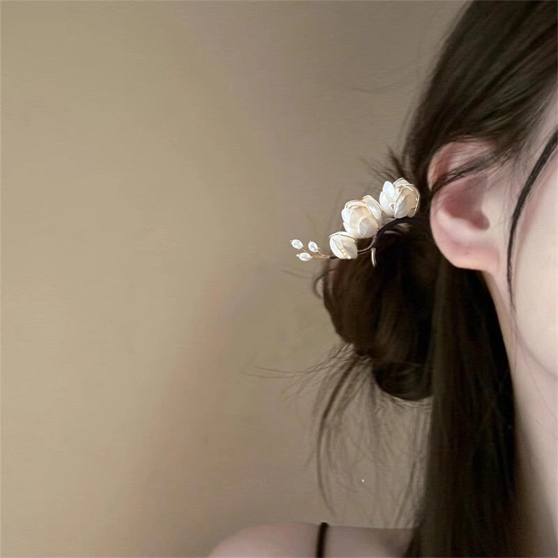 U Hairpin Glass White Magnolia Chinese Style Forest Fairy Cheongsam Accessory