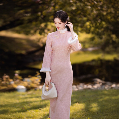 2025 New Pink Chinese Style Qipao | Warm Elegant Thickened Winter Dress