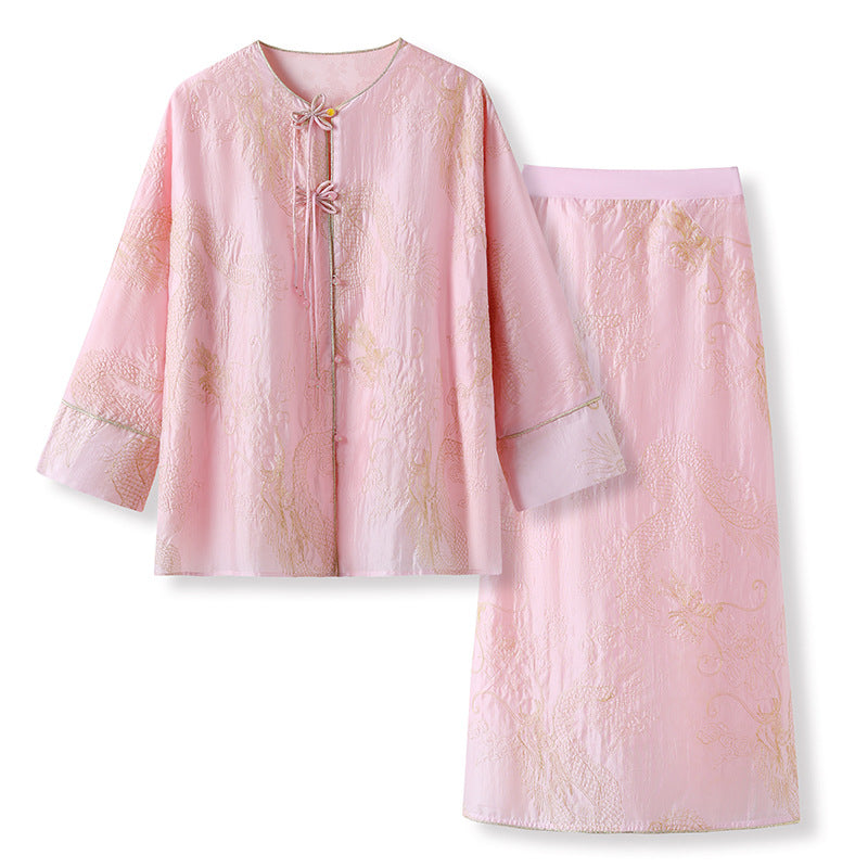 New Chinese Style Dragon Embroidered Shirt & High Waist Skirt Set