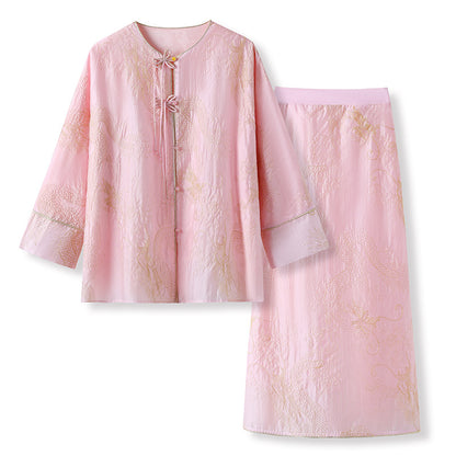 New Chinese Style Dragon Embroidered Shirt & High Waist Skirt Set