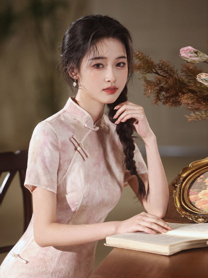 National Style Long Cheongsam – Elegant Short Sleeve Dress