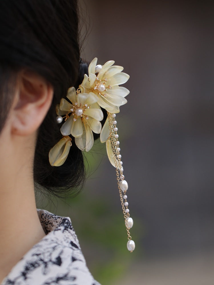 Orchid tassel headdress with side clips and new Chinese flower hairpins