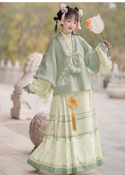 Trees of Sea Women Ming Hanfu Set: Embroidered Stand Collar Jacket & Horse Face Skirt New Year