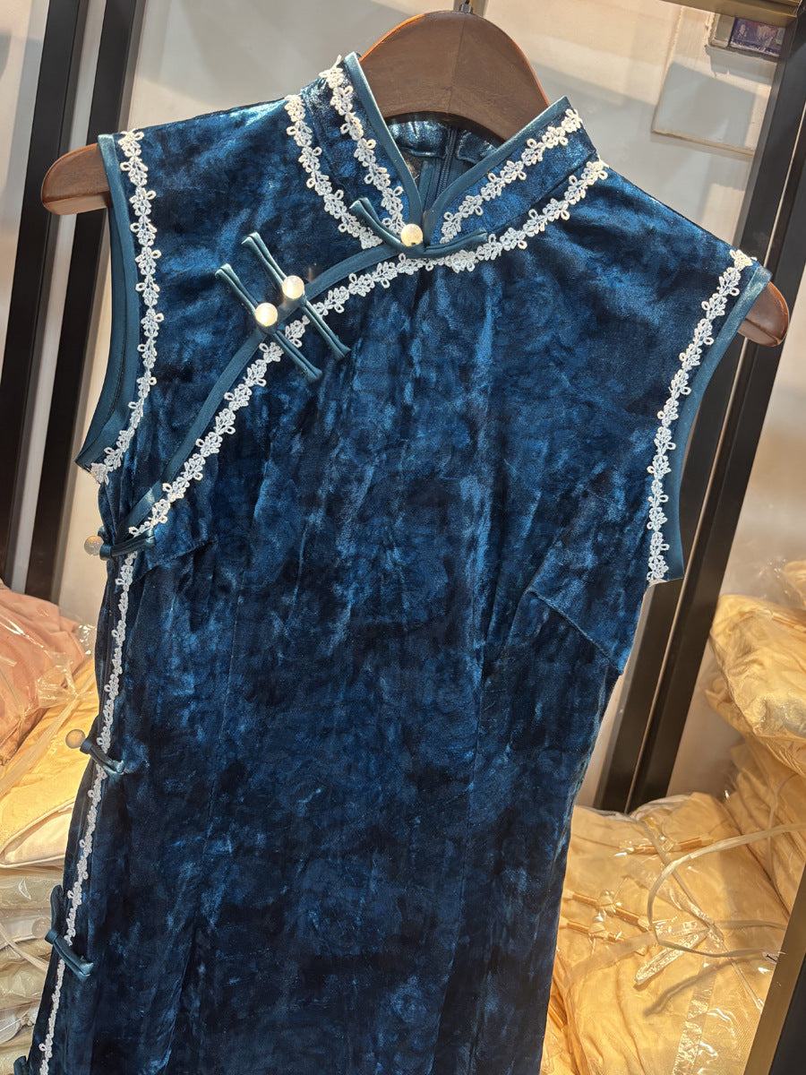 New Chinese Style Cheongsam – Blue Elegant Daily Dress