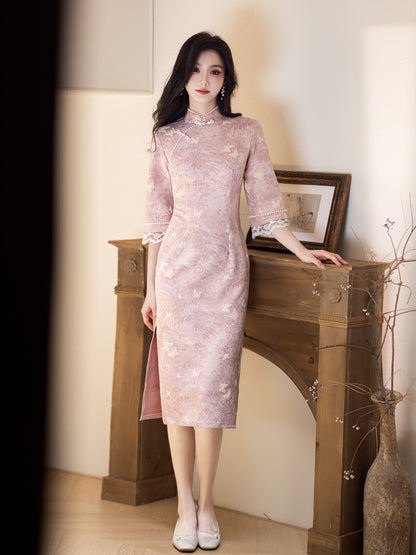 Republic of China Style Pink Cheongsam – Autumn Youth Dress