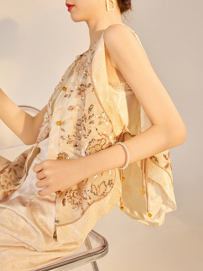 National Style2025Summer New Beaded Embroidery New Chinese Style Sequin Mermaid Skirt Vest Pants Set