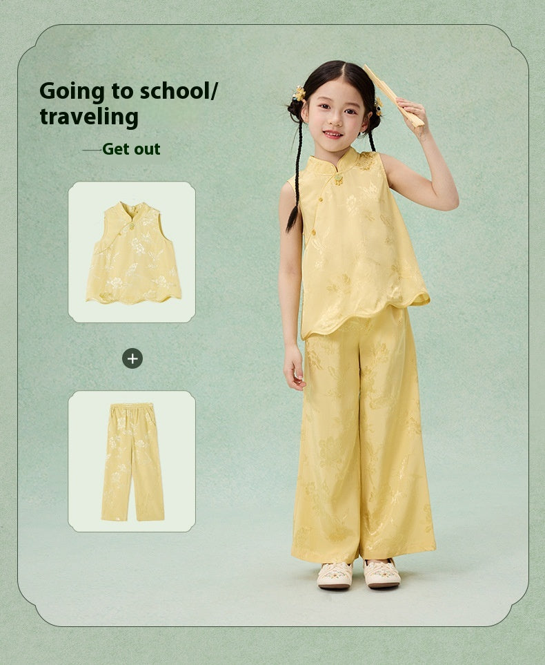 National Style Hanfu-Inspired Summer Set — Top & Pants for Children