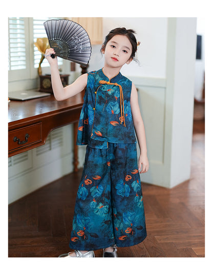 Children’s Summer Hanfu — Floral Top & Comfortable Wide-Leg Pants