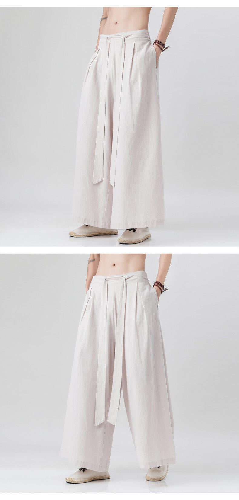 Mens Chinese Style Hanfu Linen Nine Point Retro Wide Leg Pants