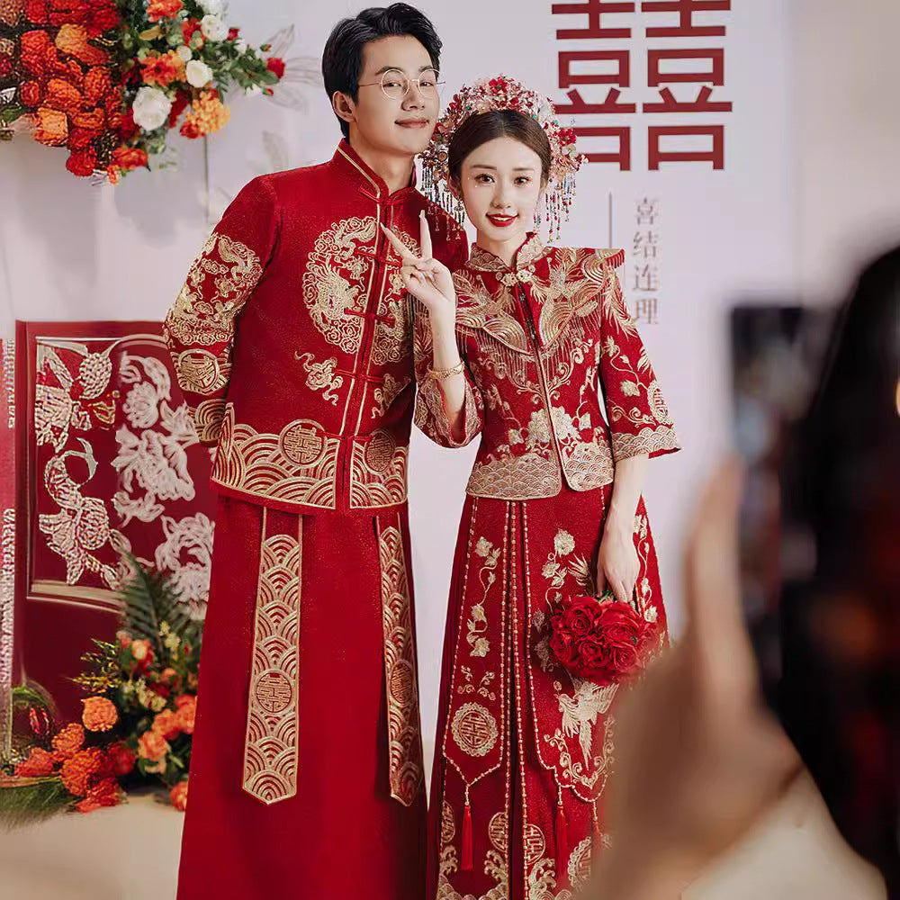 Chinese Wedding Dress Dragon Phoenix Xiuhe Bride & Groom Set