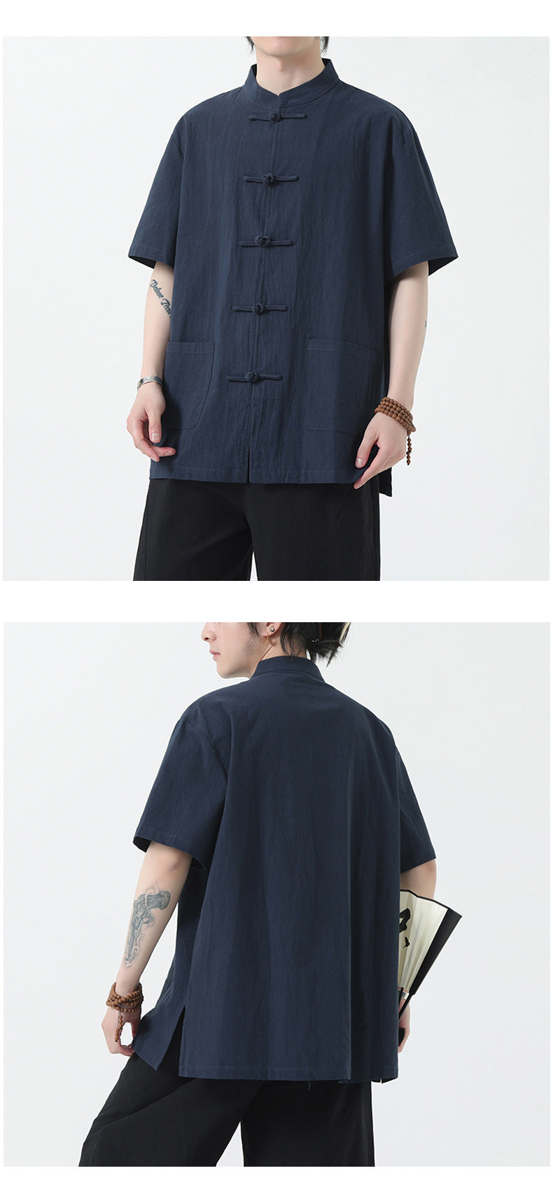 Chinese Style Mens Cotton Linen Shirt Half Sleeve Button Up Casual Top