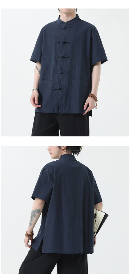 Chinese Style Mens Cotton Linen Shirt Half Sleeve Button Up Casual Top