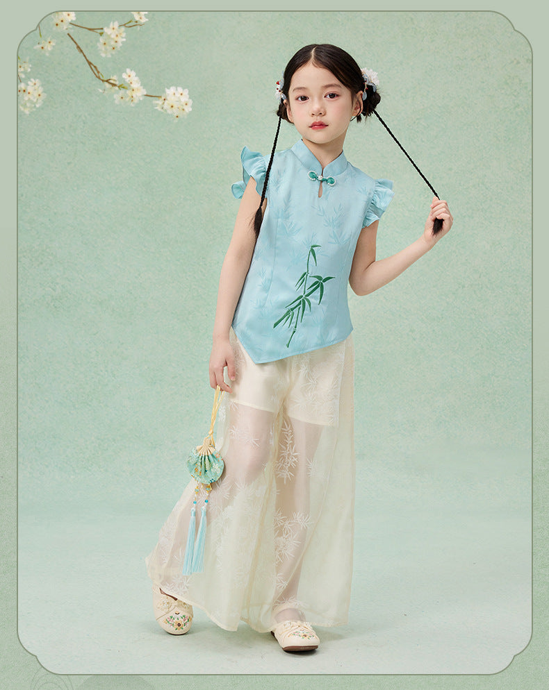 Children’s Chinese Summer Set — Shirt Top & Loose Wide-Leg Pants