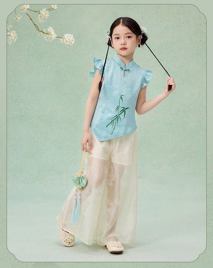 Children’s Chinese Summer Set — Shirt Top & Loose Wide-Leg Pants