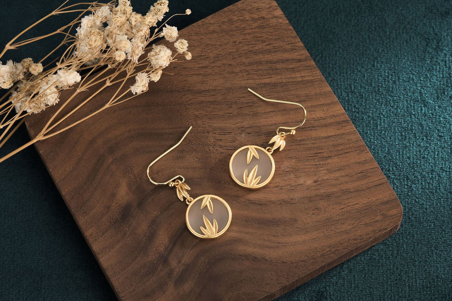 Classical Style Jade Earrings — Copper Plated 24K Gold Bamboo Leaf