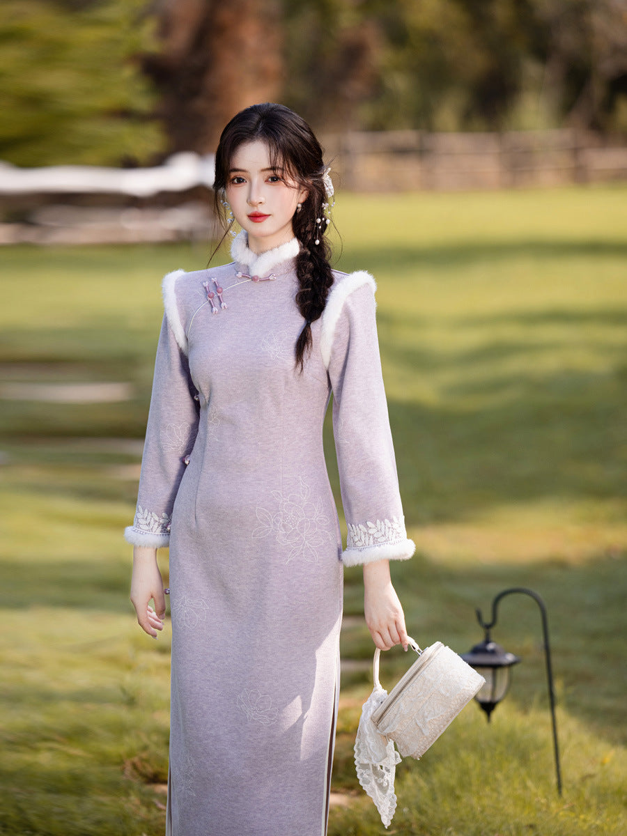 Embroidered National Style Qipao | Inverted Sleeve Winter Thickened Dress