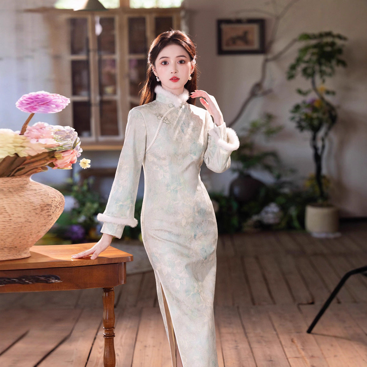Elegant Satin Beaded Winter Qipao | Fleece-Lined Thickened Long Dress