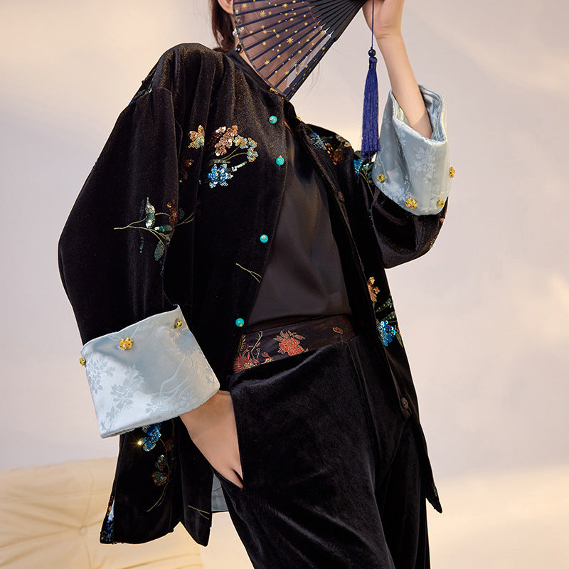 Elegant New Chinese Satin Floral Sequin Loose Black Top