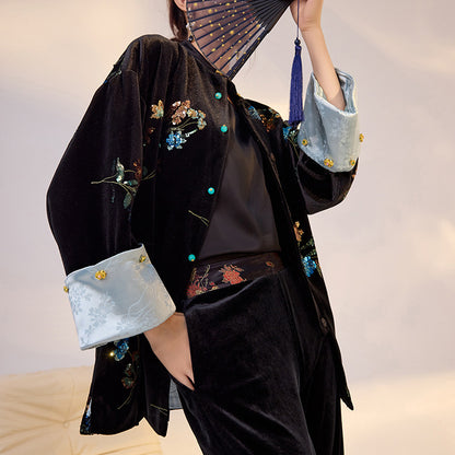 Elegant New Chinese Satin Floral Sequin Loose Black Top