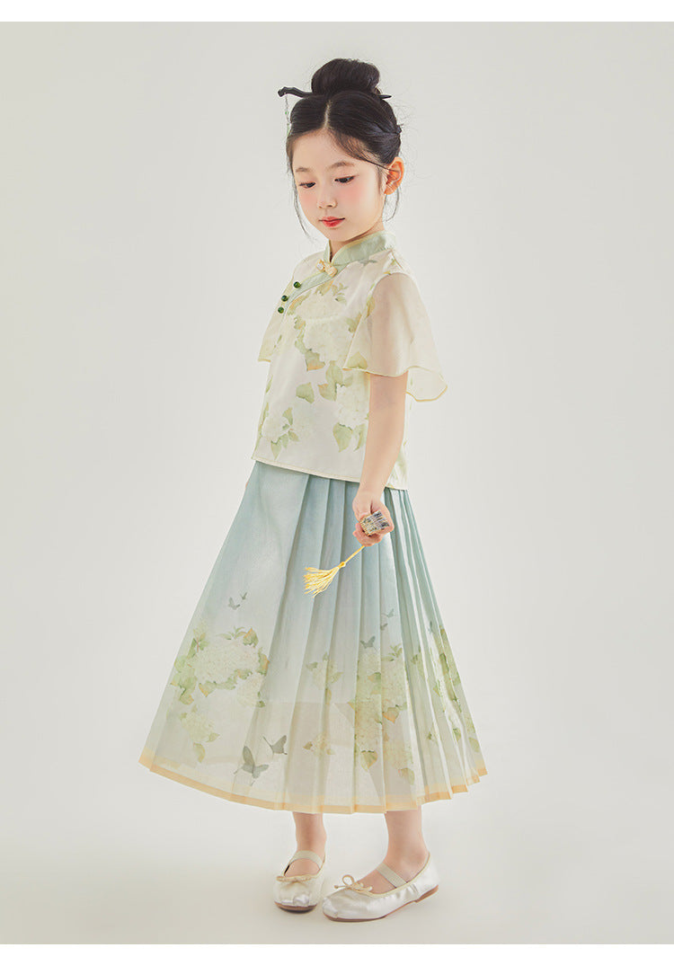 New Chinese Style Girls Outfit — Short Sleeve Shirt & Pleated Skirt