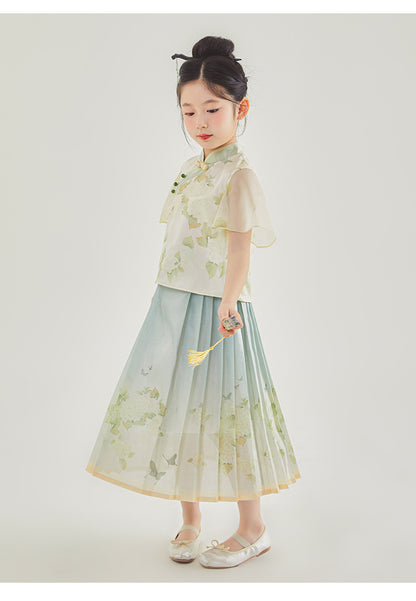 New Chinese Style Girls Outfit — Short Sleeve Shirt & Pleated Skirt