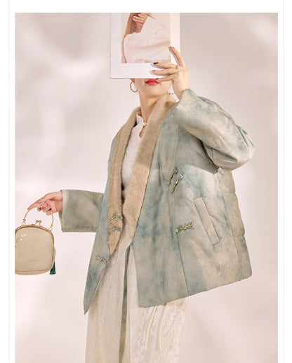 New Chinese Style Feather Collar Embroidered Cotton Jacket for Women