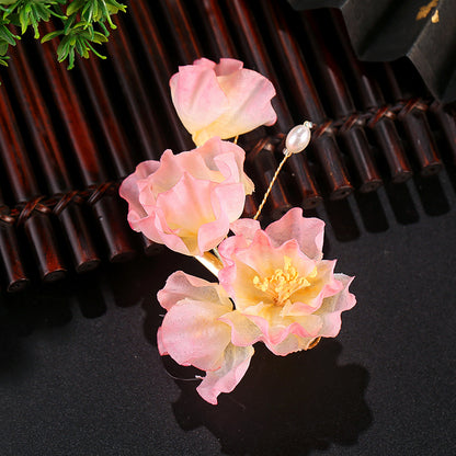 Fairy Pink Silk Flower Hairpin Ancient Style Hanfu Cheongsam Side Clip