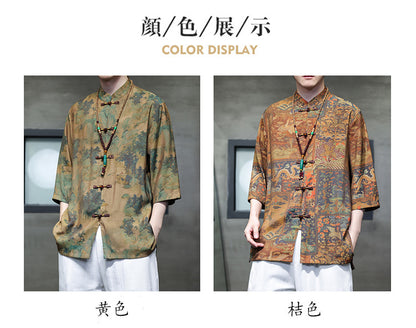 Mens Summer Chinese Tang Shirt Three Quarter Sleeve Fashion Trendy