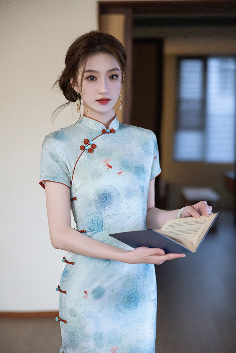 Elegant Blue Cheongsam – Daily Wear 2025 Spring Dress