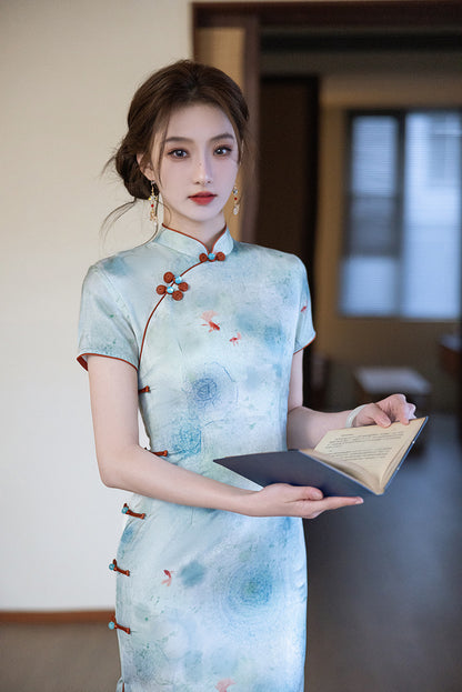 Elegant Blue Cheongsam – Daily Wear 2025 Spring Dress