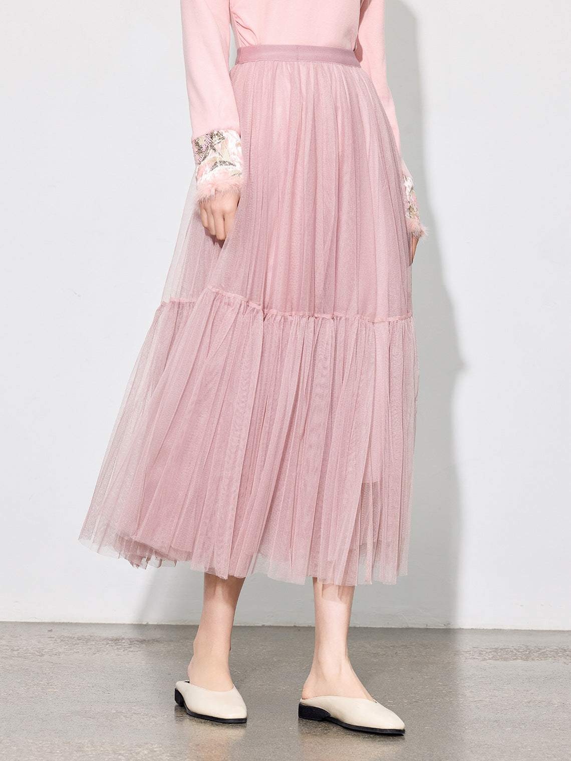 Luxury Pleated Mesh Skirt — Fairy-Inspired Layered Hem Midi