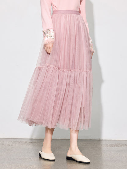 Luxury Pleated Mesh Skirt — Fairy-Inspired Layered Hem Midi