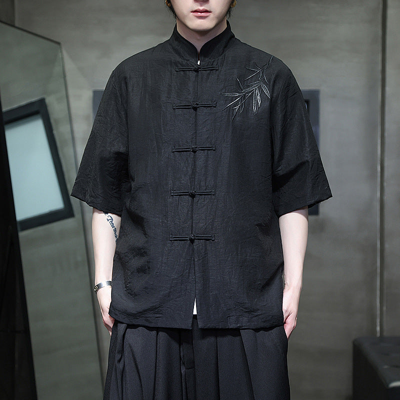 Mens Summer Chinese Embroidered Tang Shirt Hanfu Jushi Suit