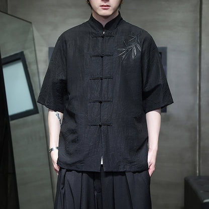 Mens Summer Chinese Embroidered Tang Shirt Hanfu Jushi Suit
