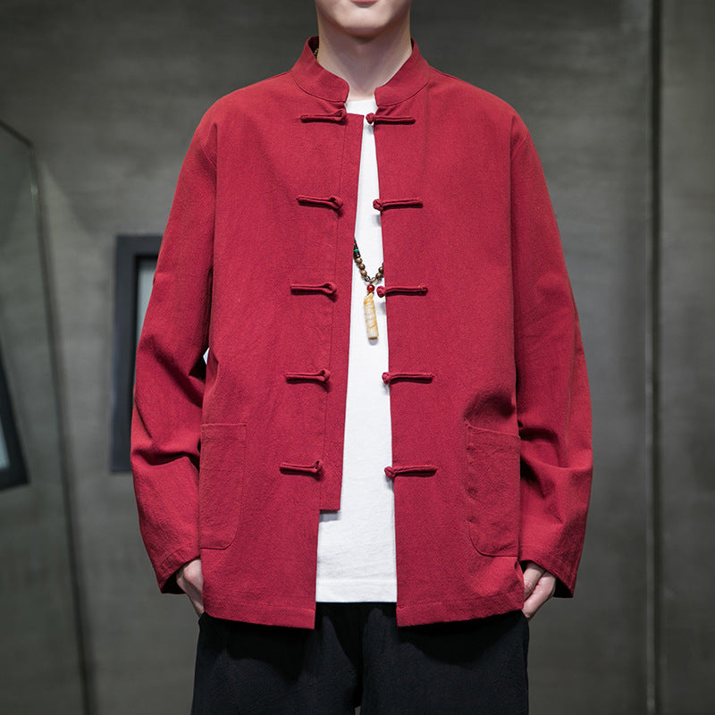 Mens Autumn Chinese Style Hanfu Tang Suit Button Up Cotton Linen Top