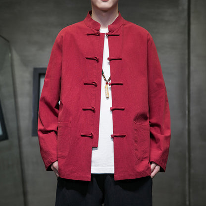 Mens Autumn Chinese Style Hanfu Tang Suit Button Up Cotton Linen Top